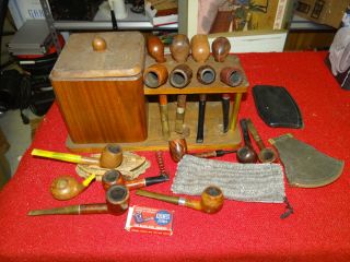 Antique Lot of Tobacco 16 Pipes Humidor Accessories