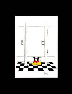 Humorous Print of Mickey Mouse in Tile Bathroom