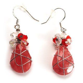 Exquisite Pink Bead Wire Drop Earrings (Silver Tone) Jewelry 