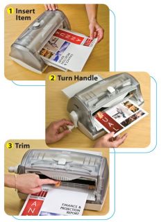 Simply feed the item in, turn the handle and trim. Click here for a