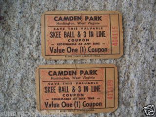  Ticket s Camden Amusement Park Huntington West Virginia WVA WV