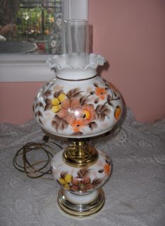  Painted Flowers Glass 2 Globe Hurricane Table Lamp Brass Nice