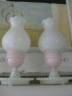   Hobnail Milk Glass Hurricane Table Lamp Cottage Shabby Painted Pink