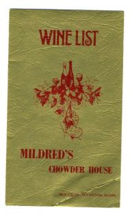 Mildreds Chowder House Menu Hyannis MA 1960S