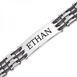 Personalized Mens Stainless Steel Rubber Engraved Name ID Bracelet