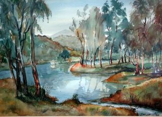 Ignacio Beteta Watercolor River Landscape 1967 Listed Mexican Artist