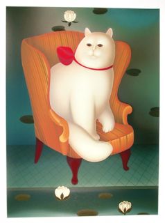 Igor Galanin White Cat on Chair Russian Serigraph