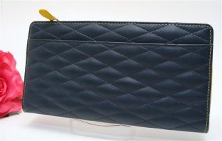 Ili Quilted Leather Wallet Navy Yellow Long Wallet