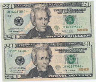 Two Uncirculated 2009 $20 Twenty Dollar Star Note Consecutive Low