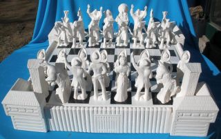 40 PC Cowboy Indian Western Chess Set Ceramic Bisque