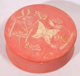 Pink Incolay Stone Trinket Jewelry Box Butterfly Floral Flower Round