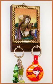 Gemstone Painting Keychain Wood Wall Holder from India
