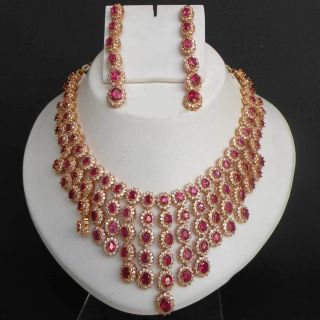 Gold PL Indian Jaipur Navratan Designer Bridal Jewelry Ruby Necklace
