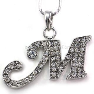 Initial M Necklace Chain Clear Stone Crystal Rhinestone Silver Tone