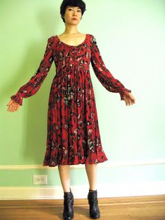 Vtg 70s RARE Ingrid Cado Floral Red Poppy Print Peasant Dress Boho