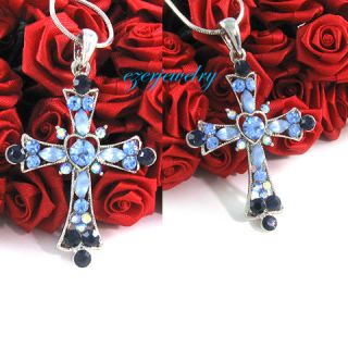 Light Blue Heart Cross Crystal Pendant Necklace N180