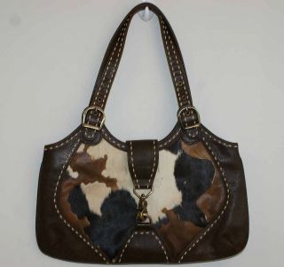 ISABELLA FIORE Brown Leather Pony Hair Patchwork Topstitch Shoulder