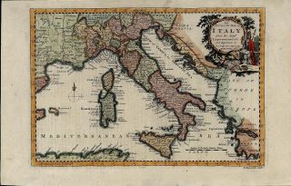 Italy 1768 Reynolds Beautiful Antique Map w Large Pictorial Cartouche