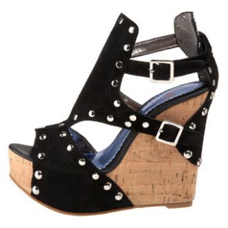 Luichiny Cork Pass Ive Spike Studs Studded Black Suede Platform Wedge