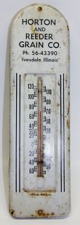   Horton Reeder Grain Co Metal Thermometer Farm Sign Ivesdale IL 1960s