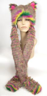 Faux Fur Hood Cat Animal Pockets Striped Teen Gift Pink Long Arms Hat