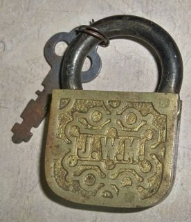 Antique Vintage 2 Brass J w M Padlock Lock with Key