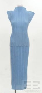 Issey Miyake Light Blue & Grey Pleated 2 Pc Sleeveless Top & Skirt Set