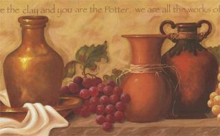 Pottery Fruit Inspirational Wallpaper Border/ Prepasted Earth Red Tone