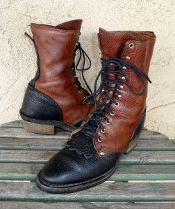 Vtg J.Chisholm Two Tone Packer Western Cowboy Lace Up Roper Boots Size