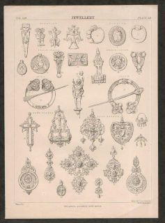 C1875 Antique Print of Celtic Renaissance Jewellery