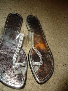 RENEE CLEAR RHINESTONE THONG FLATS SILVER SANDALS SLIDES SHOES SIZE