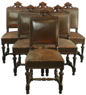 SET OF 6 ANTIQUE FRENCH RENAISSANCE DINING CHAIRS, OAK/LEATHER, 1900S