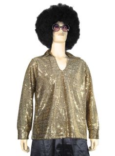 70s Disco Dance Fever Pimp Gold Sequin Shirt Mens Medium Large