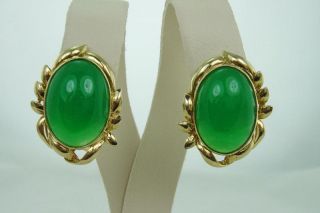 Vintage Chinese Large Cabochon Green Jade 14k Gold Earrings