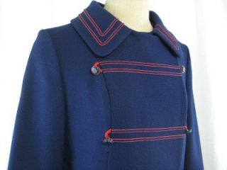 Vintage 60s Mod Sz s M Jackie O Navy Red Winter Coat Military Peacoat