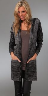 Factory Hooded Cardigan Sweater with Faux Leather