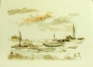 Jacky Rousselle La Barque Homage to Dali Surrealist Oil on Paper