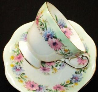 EB Foley England Pink Blue Cornflower Gold Green Tea Cup and Saucer