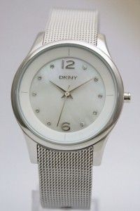 New DKNY Women Silver Mesh Mother of Pearl Watch NY4916