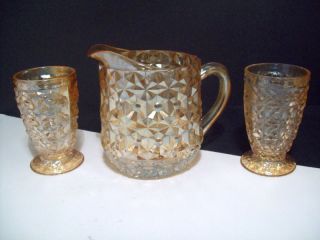 Jeannette Glass Iridescent Holiday Buttons Bows Tumblers Pitcher