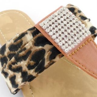 Womens Leopard Print Flat Thong Sandals W/ Rhinestones Brown Sz 5 10