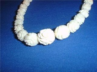Vintage Carved Ox Bone Rose Necklace Dangle Earrings Faux Ivory