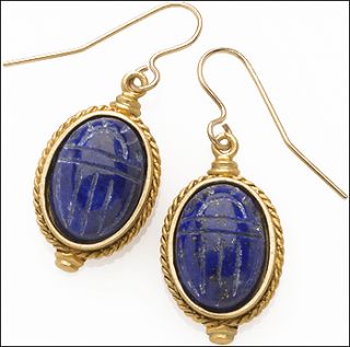Egyptian Jewelry Lapis Engraved Scarab Earrings