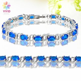 Fashion Jewelry Lady Gift Blue Sapphire Gold GP Tennis Bracelet Hand