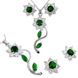 Gift Jewelry Set Green Emerald 18K Gold Plated Pendant Earrings for