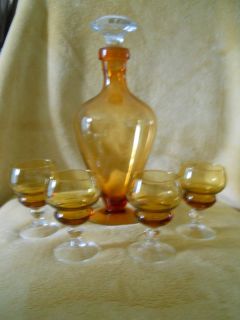Cambridge Amber Crystal Water Decantur and Four Glasses
