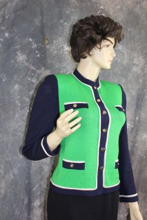 St John Collection Santana Knit Logo Navy Blue Trim Green Suit Jacket
