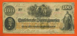 1862 $100 Confederate Nice Solid Antique Note