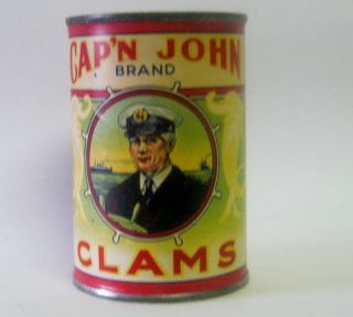 Vintage CapN John Brand Clams Can Tin Piggy Bank Paper Label