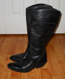 John Fluevog Boots Black Leather Tall Western Style Size 7 M Wide Calf  